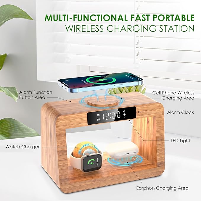 Bamboo Wireless Charging Station for Multiple Devices, with Night Light and Alarm Clock, 3 in 1 Charging Station for Apple Devices, Multi Charger Station for iPhone/iWatch/AirPods Pro