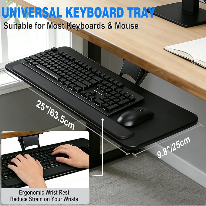 Keyboard Tray Under Desk, Adjustable Ergonomic Keyboard & Mouse Tray, Adjustable for Height and Tilt,Computer Keyboard & Mouse Platform Tray,25"W x 9.8"D Surface