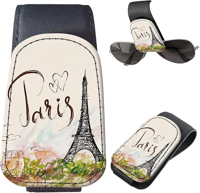 Sunglasses Holder for Car Visor, PU Leather Glasses Clip Organizer, Cute Magnetic Eyeglass Holder for Vehicle Sun Visor, Car Interior Accessory for Women & Men Paris Eiffel Sketch