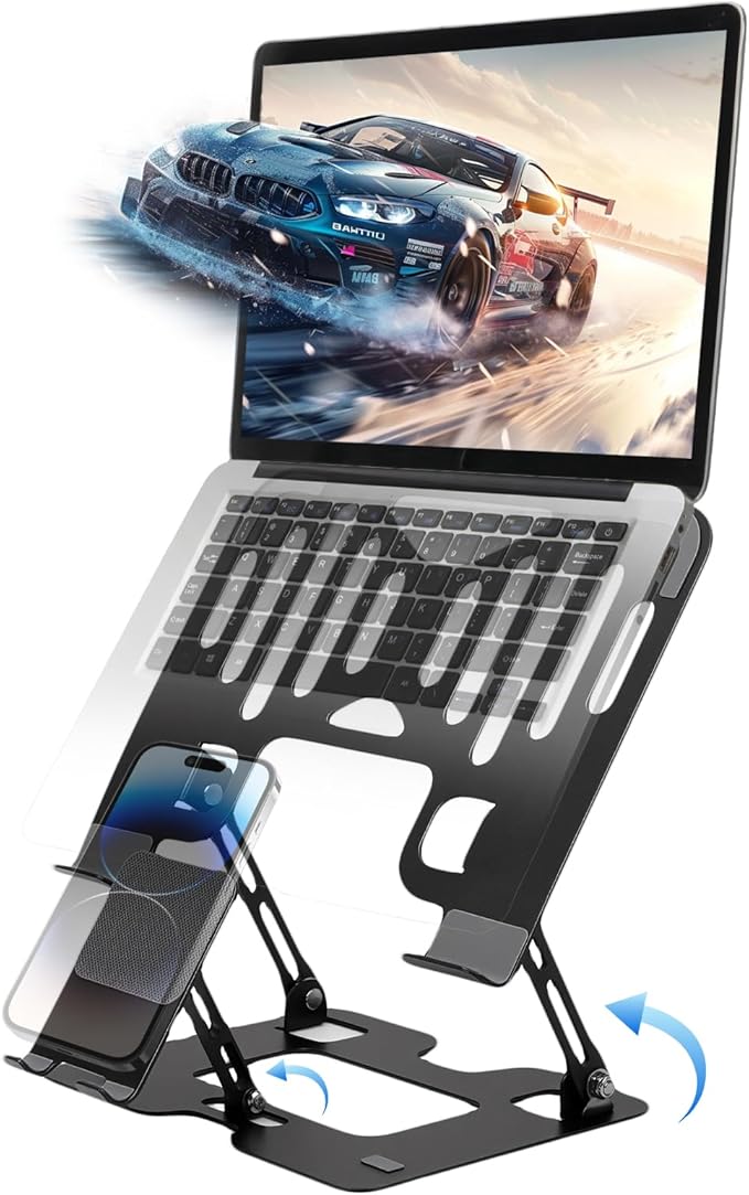 Alloy Steel Laptop Stand, Ergonomic 2-in-1 Laptop & Phone Stand, Adjustable & Portable Laptop Stand for Desk, Computer Stand, Compatible with MacBook Pro/Air and More 10-18" Laptops - Black