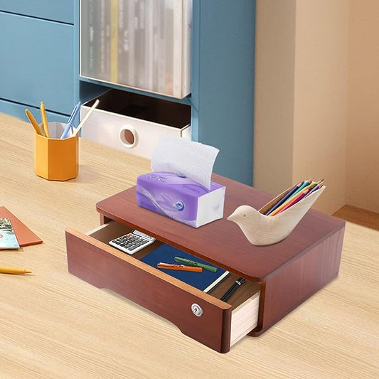 Desk Organizer with Drawer, Wooden Desktop Storage Box with Lockable Office Supplies Drawer Organizer Tabletop Storage Multifunctional Desktop Storage Box for Office Study Dresser（Walnut Color）
