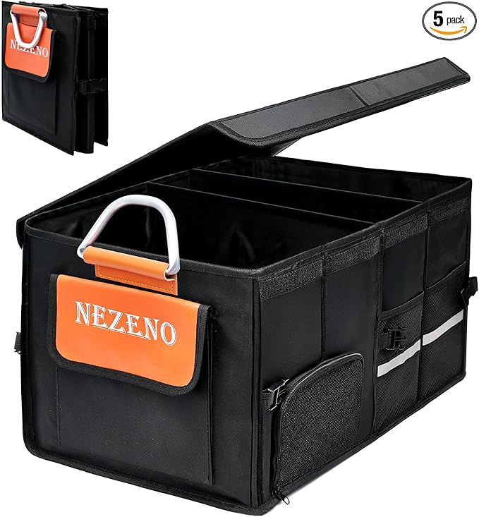 Car Trunk Organizer,Multiple Compartments Collapsible trunk organizer with Aluminum Alloy Handle and Lid, Car Organizer and Storage for SUV, Truck