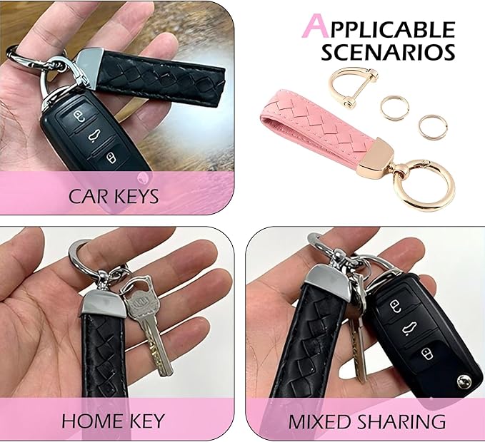 Car Keys Keychain, Leather Key Chain, Pink Leather Wristlet Keychain with 2 Key Ring andAnti-Lost D-Ring, Keyfob holder for Women Men (Pink)