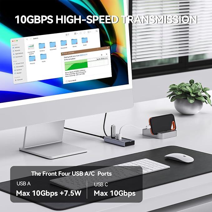 Minisopuru 6 IN1 Powered USB C Hub – Support Max 45W Charging, 10Gbps Data Transfer, USB C Hub with 72W Power Adapter, Compatible with Meta Quest Pro, Steam, iPad Pro, iPhone, Watch (Not for Monitor)