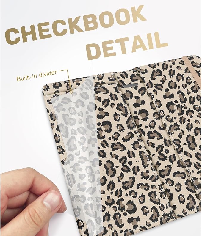 Checkbook Cover for Men Women, Premium Leather Checkbook Holder with RFID Blocking and Built in Clear Plastic Divider for Personal and Business Checks (Leopard-Yellow)