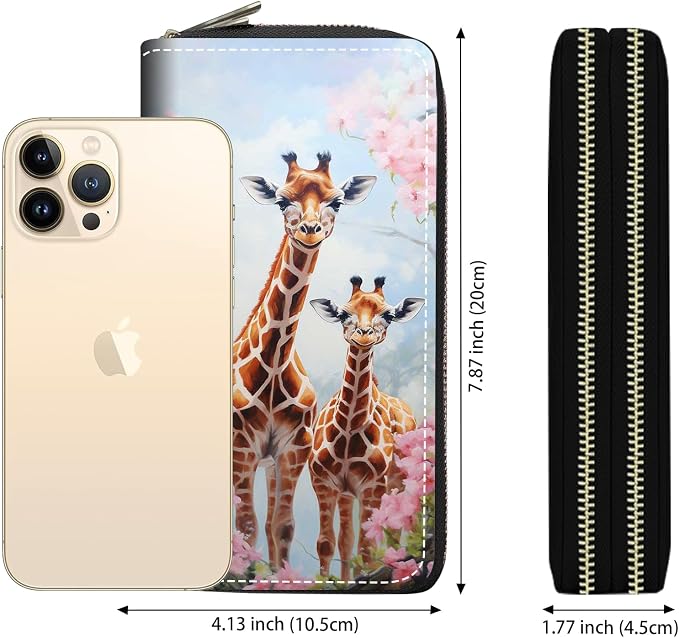 Women's Large Capacity Wallet PU Leather Double Zipper Clutch Purse Multifunctional Wallet with Removable Wristlet Strap for Smart Phone/Coin/Card/Cash, Giraffe