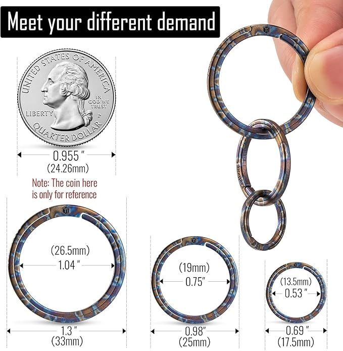 KeyUnity Titanium Flat Key Rings, 33/25/17.5mm Side Pushing Split Ring for Key Carabiner Flashlight Knife Dog ID Collar Tag