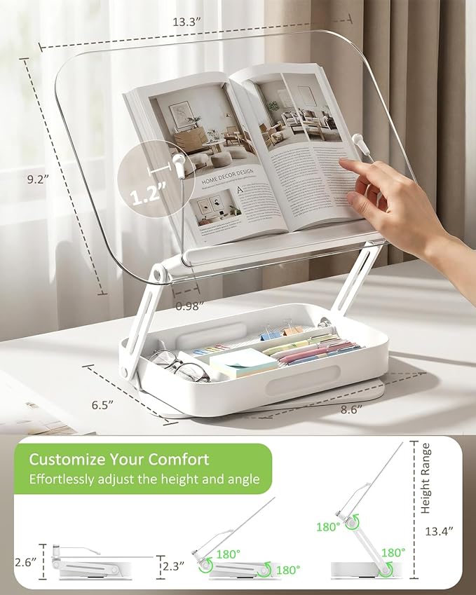 Book Stand for Reading, Acrylic Adjustable Book Holder with Book Page Holder, 360°Cookbook Stand with Storage for Kitchen Counter, Hands Free Recipe Book Holder for Textbook Cookbook, Clear