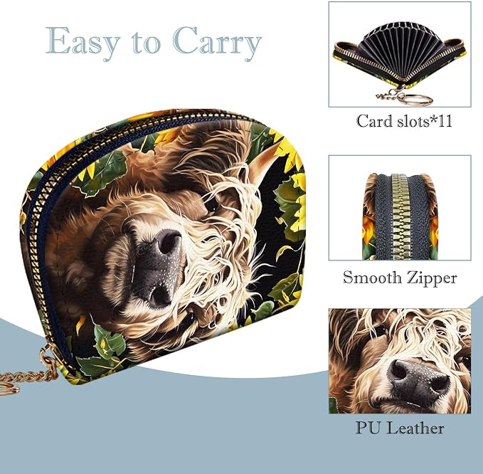 Women's Slim RFID Wallet – Compact Leather Card Holder Wallet for Women, 9 Card Slots RFID Blocking Credit Card Organizer, Small Travel Wallet - Highland Cow Sunflower