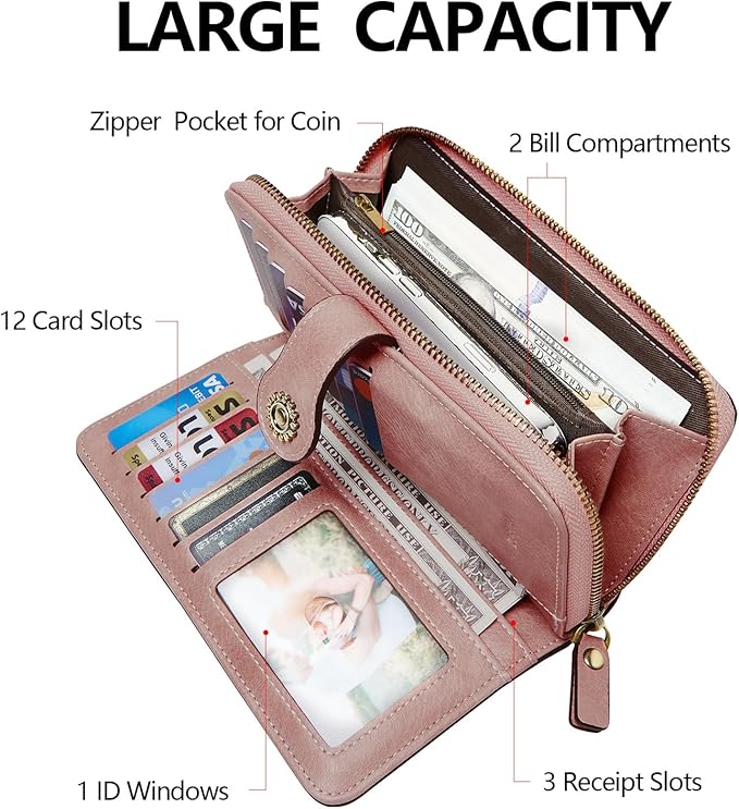 TFKGS Wallet for Women RFID Blocking Leather Large Capacity Card Holder Ladies Phone Clutch Travel Long Purse Wristlet | RFID Blocking, Leather, Large Capacity, Ladies, Travel
