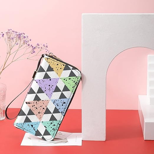 Unisex Zip Around Wallet for Adults Teens Colorful Triangles with Black Splash Geometric Pattern Coin Pouch Cash Pocket PU Leather Wallets Card Holder Organizer Designer Purse with Wristlet Strap