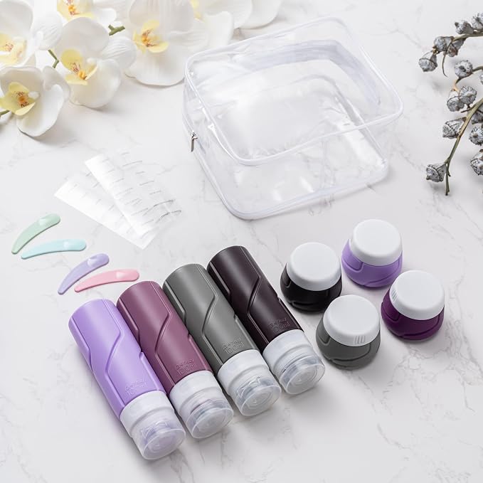 Travel Bottles - 15 Pack, TSA Approved Travel Size Toiletries, Leak Proof Silicone Squeezable Containers in Clear Bag(Purple)