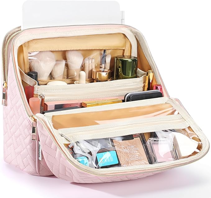 Makeup Bag, Large Capacity with Room for Brushes and Mirror, Travel Makeup Organizer, Portable Standing Make Up Case, Waterproof Cosmetic Bags with Handle, Color Pink