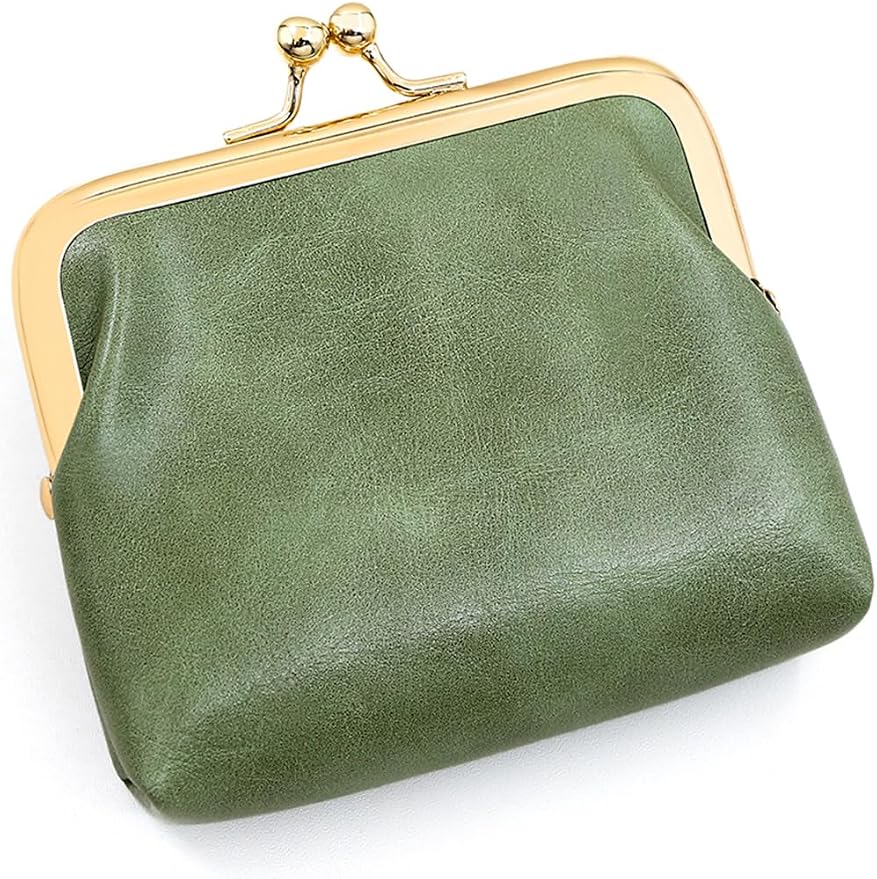 Women’s Small Coin Purse, Vintage PU Leather Change Purse, Rectangle Kiss Lock Coin Pouch, Pocket-Sized, Solid Color, Mini Coin Purse for Women - Green