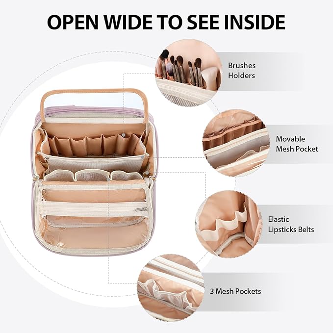 Standing Makeup Bag, Large Capacity with Room for Brushes and Mirror, Travel Makeup Organizer, Portable Stand Up Make Up Case, Waterproof Cosmetic Toiletry Bags with Handle, Color Dusty Purple