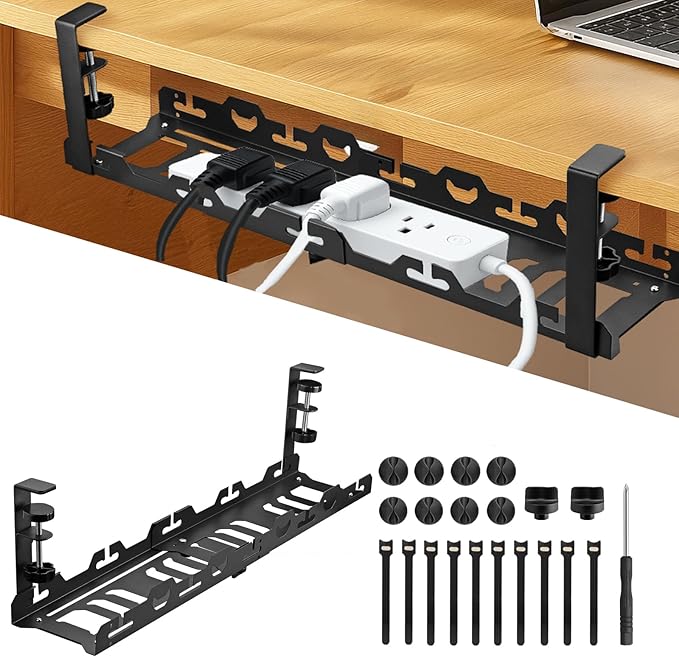 EYPINS Under Desk Cable Management Tray - No Drill Retractable 16-29inch Underdesk Cable Rack 22PCS, Computer Cord Organizer Under Desk, Sturdy Carbon Steel Wire Storage Tray for Home Office
