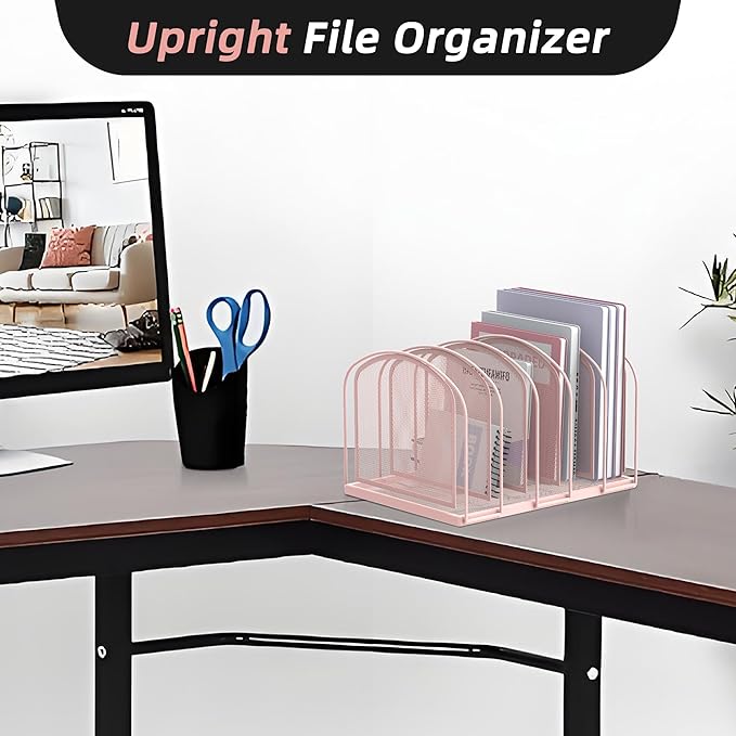 SUPEASY File Organizer for Desk, 5-Section Mesh Desk Organizer, Vertical File Holder Desktop Organizer File Sorter, File Folder Holder for Office Supplies, Pink