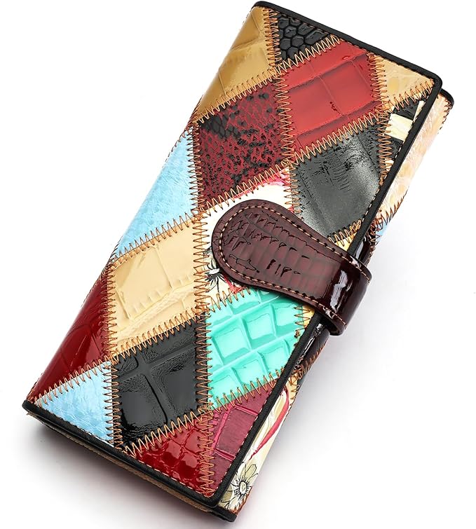 MASIWEI Genuine Leather Patchwork Wallet for Women Multicolor Trifold Wallets Ladies Card Holder Money Organizer with Coin Purse