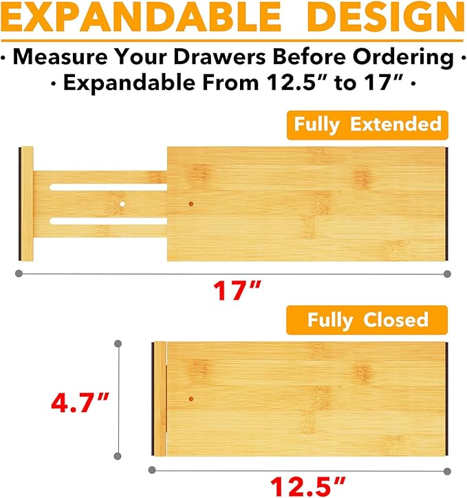 SpaceAid Bamboo 4 Pack Dresser Drawer Dividers, 4.65??High Adjustable 12.5??17??Drawer Organizers, Expandable Organization for Clothing, Clothes, Dressers, Natural