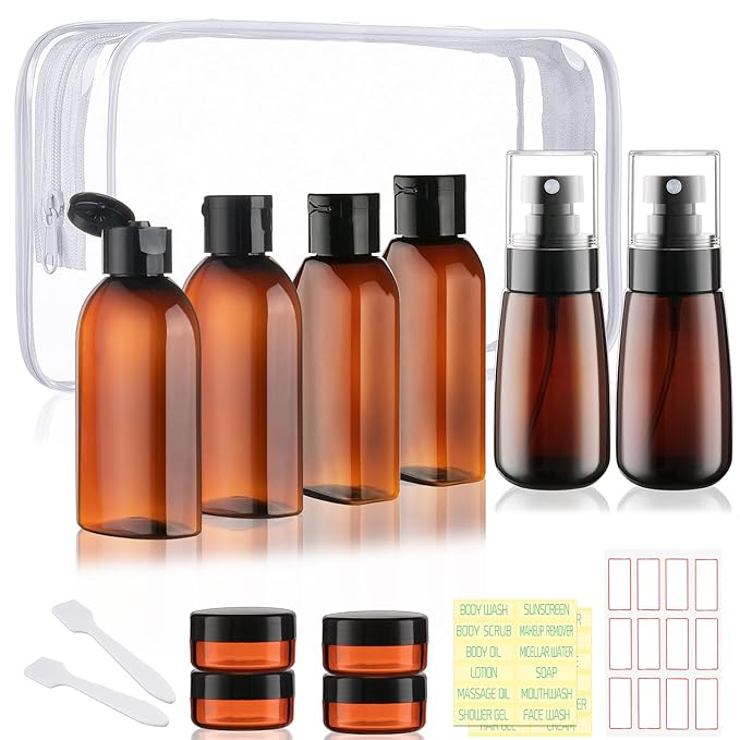 Travel Shampoo Bottles for Toiletries 10 Pack TSA Approved Travel Size Containers Leak Proof Plastic Small Cream Jars & Refillable Spray Bottle for Shampoo, Conditioner, Body Wash