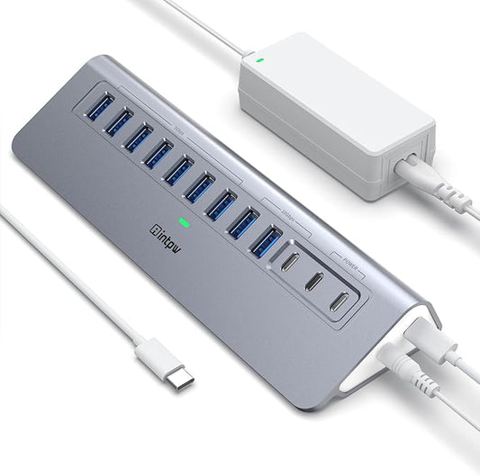 Powered USB Hub 10Gbps, intpw YH9AC 12-Port USB Splitter with USB A/USB C 3.2, 7 USB 3.0, 2 PD 45W Charging Ports, 65W Power Adapter + 3.3FT Cable, Aluminum USB Extender Hub for Laptop/PC/iPhone 16/15
