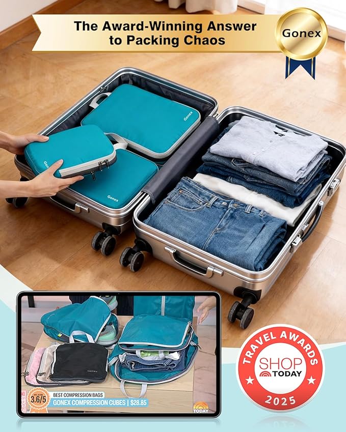 Gonex Compression Packing Cubes, 4pcs Expandable Storage Travel Luggage Bags Organizers (Blue)