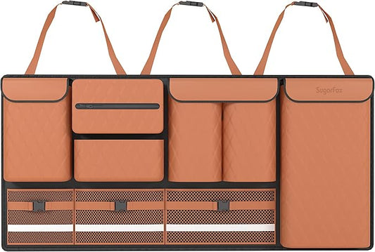 Backseat Hanging Organizer with Large Storage Bags | PU Leather, Large Capacity | Adjustable Straps, Waterproof & Collapsible | Universal Fit for SUVs, Sedans & Trucks | Brown, 37.8" x 18.1" - P810