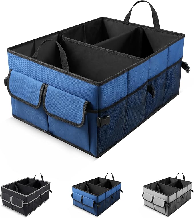 UYYE Auto Collapsible Trunk Organizer, 3 Large Compartments and 6 Pockets Durable for Cargo Storage, Easy to Storage Tools With Adjustable Securing Straps and Non-Slip Bottom for Car (Dark Blue)