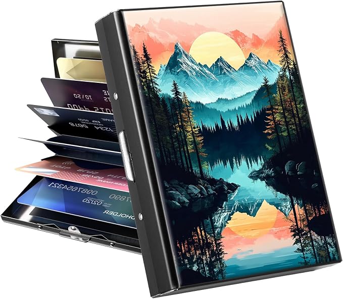 Metal Wallet for Women Men Girls, RFID Blocking Slim Aluminum Credit Card Holder, Mini Travel Wallet with Hard Shell, Lightweight ID & Business Card Case,Mountain Forest Trees