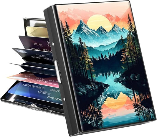 Metal Wallet for Women Men Girls, RFID Blocking Slim Aluminum Credit Card Holder, Mini Travel Wallet with Hard Shell, Lightweight ID & Business Card Case,Mountain Forest Trees