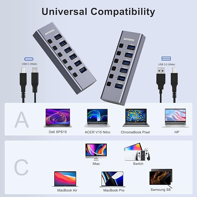Powered USB Hub with TF/SD Card Reader, 8-Port USB 3.0 Hub with 6 USB 3.0 Data Ports, USB Spilter with Individual On/Off Switches，Aluminum USB Hub with AC Adapter for PC, Desktop, MacBook