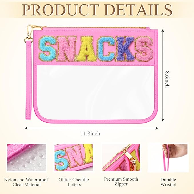 Abbylike 12 Pcs Snack Bags Clear Chenille Letter Snacks Zipper Pouch Waterproof PVC Large Travel Makeup Cosmetic Storage Organizer Bag for Mom Team Cheerleaders Teacher (Pink)