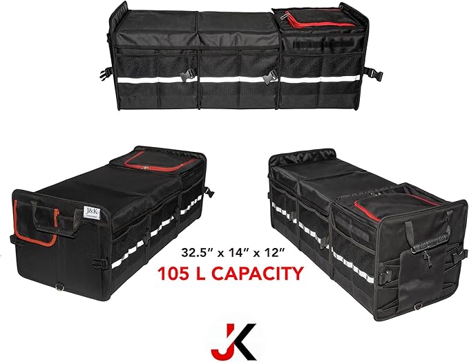 J&K Car Trunk Organizer for SUV,Truck,Van,Sedan- Multi-Compartment Foldable Car Organizer- Car Trunk Storage with Lid and Removable Leak-Proof Thermal Bag- Adjustable Straps (Large Size, Black)