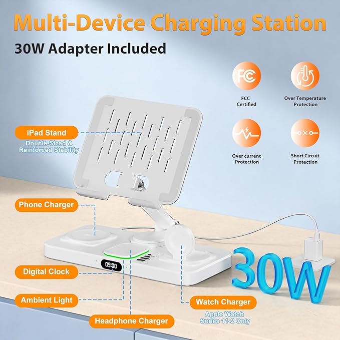30W Charging Station for Apple Products, Foldable Wireless Charger with Clock Display&7 Color Light, Wired Charging for iPad/Tablet Charging Station for iPhone16, for Apple Watch10 for AirPods4(Cream