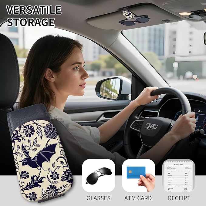 Sunglasses Holder for Car Visor, PU Leather Glasses Clip Organizer, Cute Magnetic Eyeglass Holder for Vehicle Sun Visor, Car Interior Accessory for Women & Men Purple Purple Bat