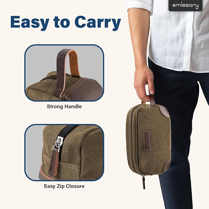 emissary Men's Canvas Travel Toiletry Bag, Leather Dopp Kit - Brown | Durable canvas & PU leather, water-resistant lining, side handle; roomy men's Dopp kit for travel & gym
