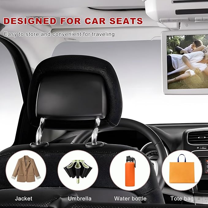4PCS Car Seat Headrest Hook, Adjustable Vehicle Backseat Hanger Storage Organizer, Universal Seat Back Holder Hooks for Purse Coat Grocery Bag, Car Accessories (Black)