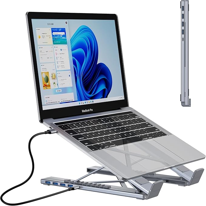 M61 USB C to USB Hub Portable Laptop Stand, Aluminum 4 Ports USB3.0 Multiport Adapter Adjustable Laptop Docking Station Stand Compatible with MacBook Pro/Air, Chromebook, Keyboard, Mouse, HDD