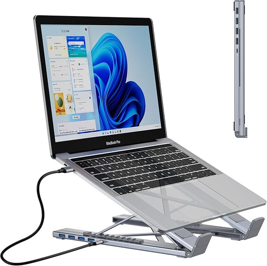 M61 USB C to USB Hub Portable Laptop Stand, Aluminum 4 Ports USB3.0 Multiport Adapter Adjustable Laptop Docking Station Stand Compatible with MacBook Pro/Air, Chromebook, Keyboard, Mouse, HDD