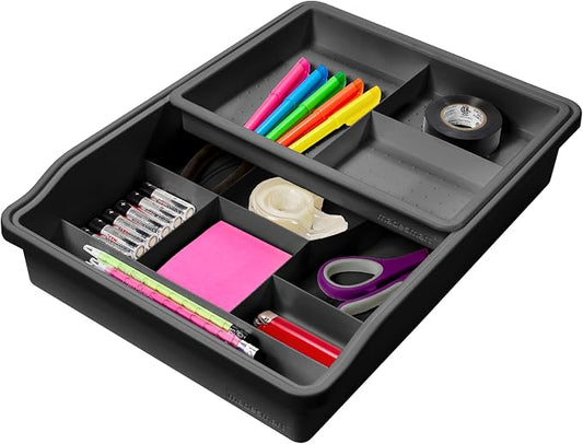 madesmart Original Junk Drawer Organizer® with Sliding Top Tray, 13 Compartments, Multi-Purpose Storage for Kitchen, Office & Bathroom Drawers, Carbon