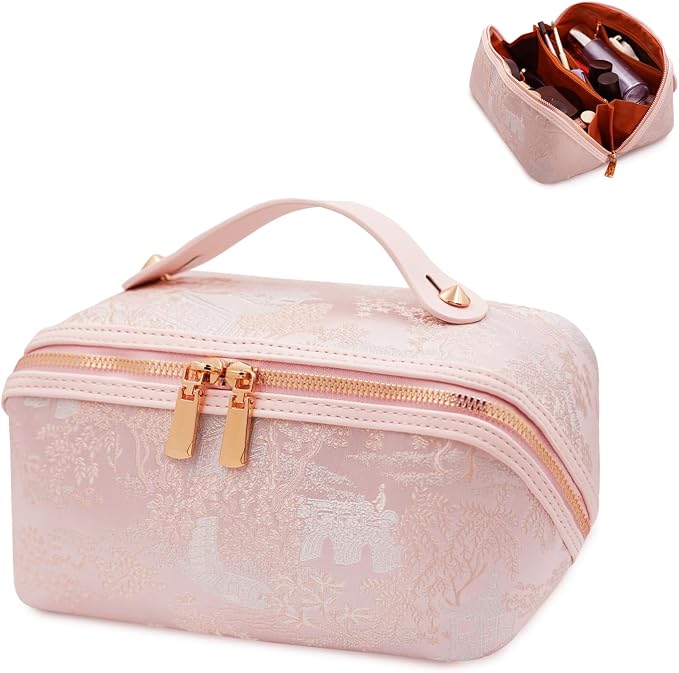 Travel Makeup Bag with Compartments & Organizers – Flat Open Cosmetic Pouch for Women, Purse-Style Design for Traveling, Perfect for Toiletries & Cosmetics (Pink)