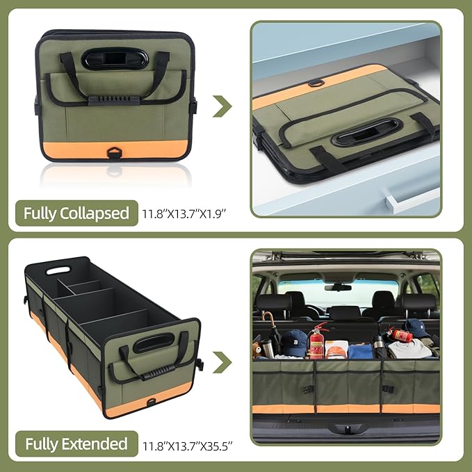Trunk Organizer for Suv, Sturdy Storage Organization with Non-Slip Bottom Strips, 95L Large Capacity Cargo Organizer for Car, Truck, Sedan, Waterproof Portable Car Organizers for Women Men(Green)