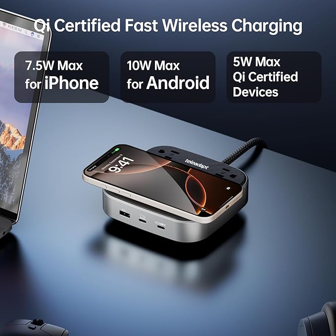 GaN Multi Charging Station 67W, 6 in 1 iPhone Charging Station with USB Ports, Wireless Charging, 2× AC Outlets, Desktop/Bedside/Nightstand Power Station, Hotel-Grade Design, Grey