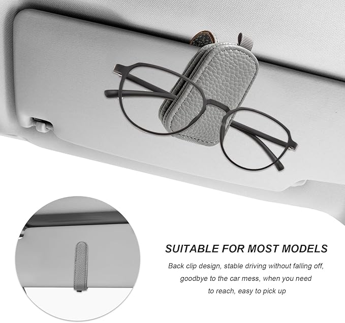 2 PCS Sunglasses Holders for Car Visor, Magnetic Leather Eyeglasses Hanger Mounter Ticket Card Clip, Auto Sun Visor Glasses Holder Business Card Organizer for Men Women (Gray)