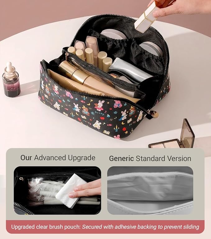 Aveniee Travel Makeup Bag for Women, Large Cosmetic Organizer with Open-Flat Design, Clear Divider & Handle - Waterproof PU Leather Toiletry Case (BunnyPattern)