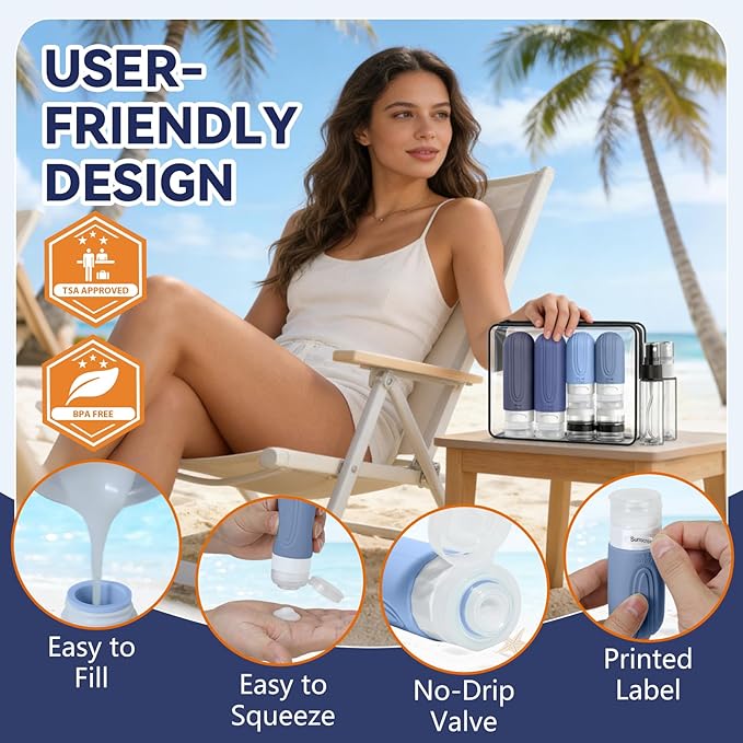 Travel Bottles for Toiletries 10 Pack, TSA Approved Travel Size Toiletries Essentials Containers Set, Leak Proof Silicone Bottles Kit, Refillable Liquid & Creams Accessories (BLUE)