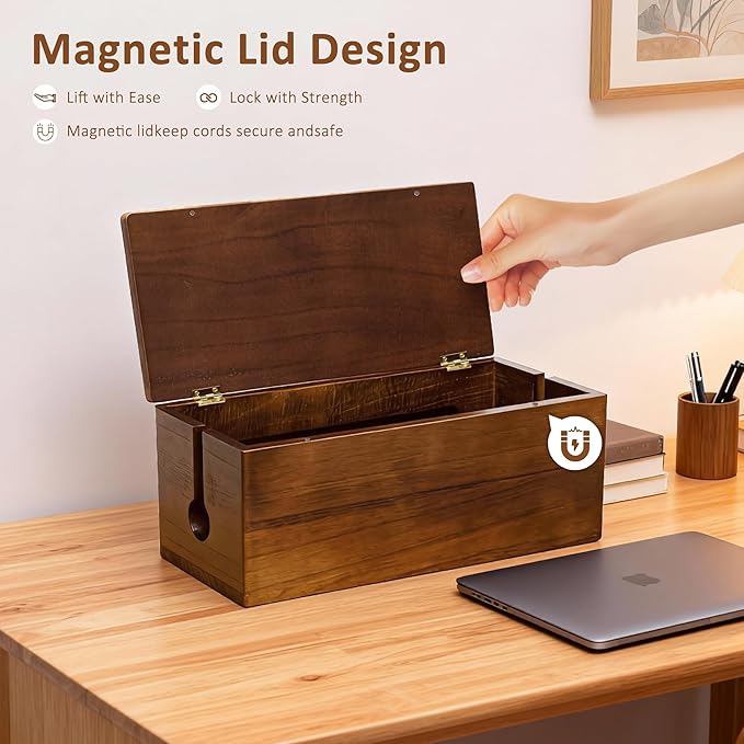 Large Wooden Cable Management Box, Power Strip Cord Organizer Box, Electrical Hiding TV Wires, Desk & Floor Cables, Cord Hider for Office Living Room Bedroom, Cable Organizer for Desk, Wire Management