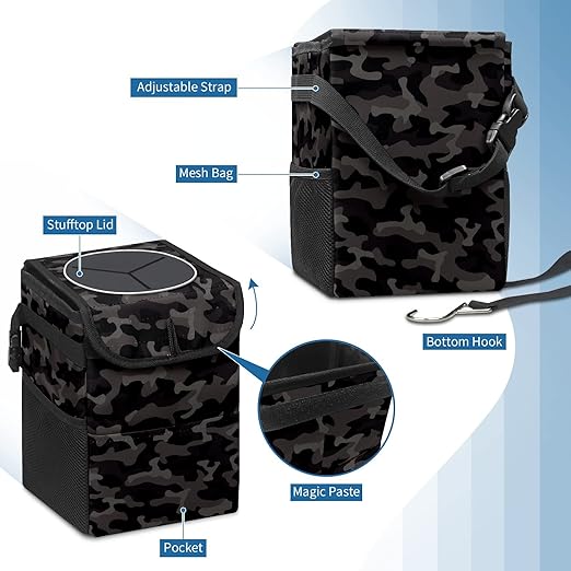 Car Trash Can Black and Grey Camouflage Wate-rproof Auto Garbage Bag Car Trash Can with Lid Leak-Proof Car Storage Bag Hanging for Headrest Collapsible and Portable with Storage Mesh Pocket