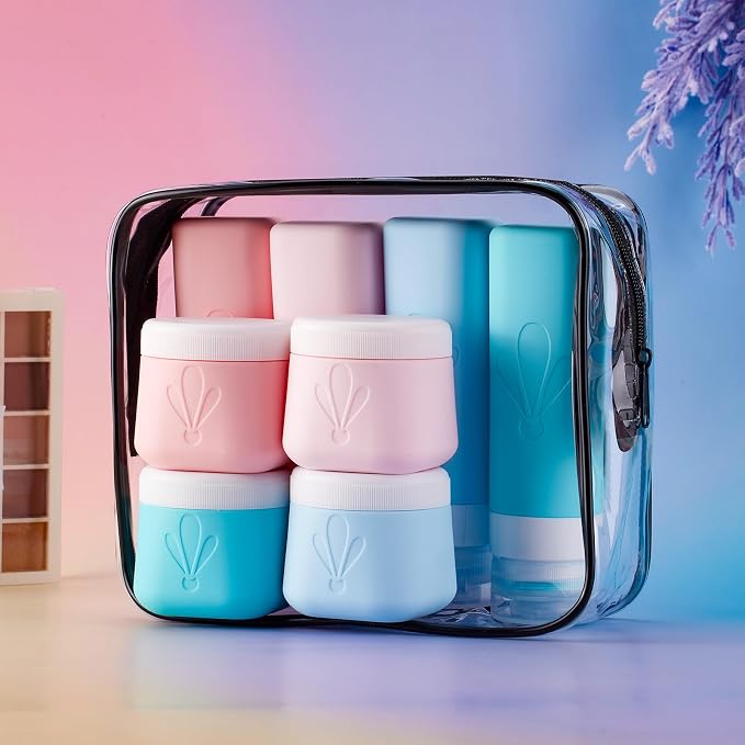INSFIT travel bottles for toiletries 8 Pack, Leak proof Travel Size Toiletries Containers with toiletry bag, Squeezable Silicone Bottles & Cream Jars, Travel Essentials BPA-Free kit for Shampoo
