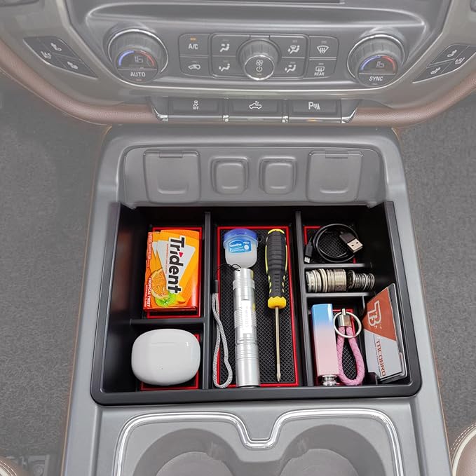 TACOBRO Full Center Console Organizer Compatible with 2014-2018 Sierra 1500 /Silverado 1500 Accessories 2015-2019 Silverado/Sierra 2500 3500HD Compartment Cover Insert Tray Storage, Red